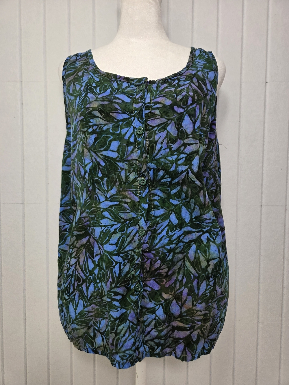 Kuta One World Blue & Green Floral Button-Front Sleeveless Blouse size S